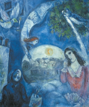 Si la société veut vivre mieux, elle doit donner naissance à un nouvel homme Pour une Société Meilleure. Mais il faut un changement substantiel du caractère humain. PHOTO, Marc Chagall. Symbolisme: en bas à droite une figure féminine avec un aspect souffrant (la prise de conscience de l&#039;état de souffrance) ; en bas à gauche, personnage avec la tête renversée (substantiel  changement du caractère humain - changer la façon  de vivre actuelle) ; en haut à gauche la colombe avec une bougie allumée (la confiance - que l&#039;on admette qu&#039;il existe une manière - au moins il est possible de le faire - pour dépasser le malaise lui-même) ; figure féminine qui tourne en saisissant une ampoule qui contient un village (le changement, changer la manière de vivre &quot;qui mène&quot; vers une societé meilleure, une nouvelle societé qui fonctionne pour tous).