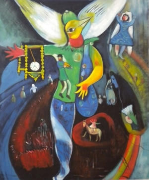 Le chemin de l&#039;homme vers la découverte de l&#039;âme. La peinture avec le titre de &quot;le jongleur&quot;, au centre il y a un personnage avec le corps d&#039;homme, le visage et les ailes d&#039;oiseau (la liberté, la dignité) Il est sur la piste du cirque ; élève la jambe gauche jusqu&#039;au visage (tirer un enseignement de ses erreurs est difficile) et a une horloge sur le bras (marque le cours de la vie).